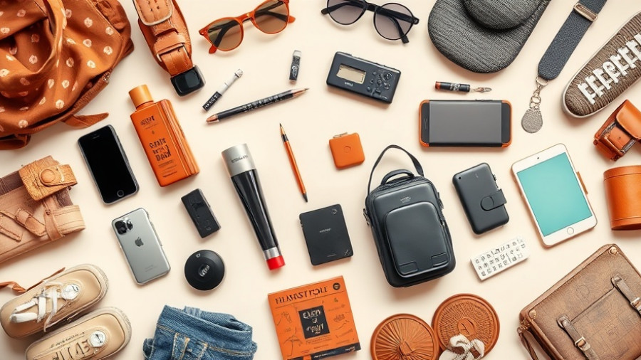 Travel packing essentials collage with stylish accessories.