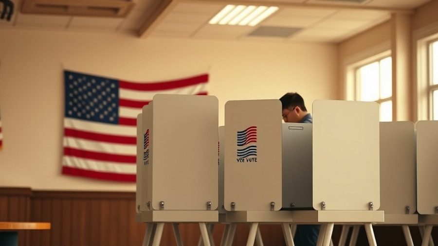 Voting booth with flag, person voting for November election.