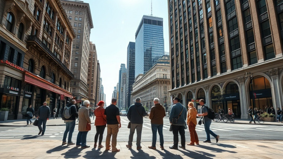 People waiting at a busy city intersection in sunny downtown.