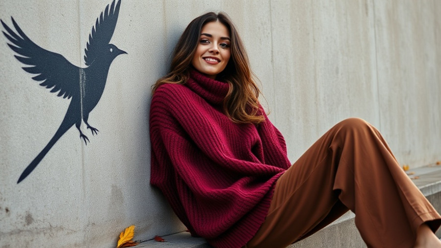 Fashionable woman in maroon sweater and brown pants, urban style, Amazon Sundays Fashion Trends.