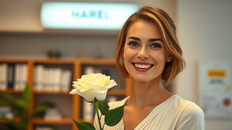 Confident woman in office holding a white rose, warm lighting.