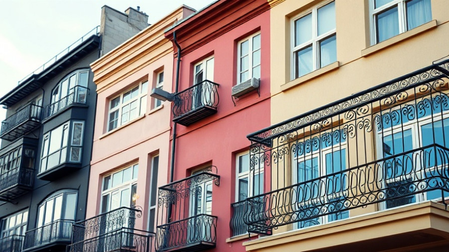 Colorful urban apartment buildings with decorative railings reflecting daylight