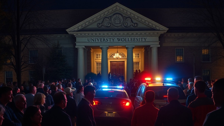 Lincoln University shooting scene at night with emergency vehicles and crowd