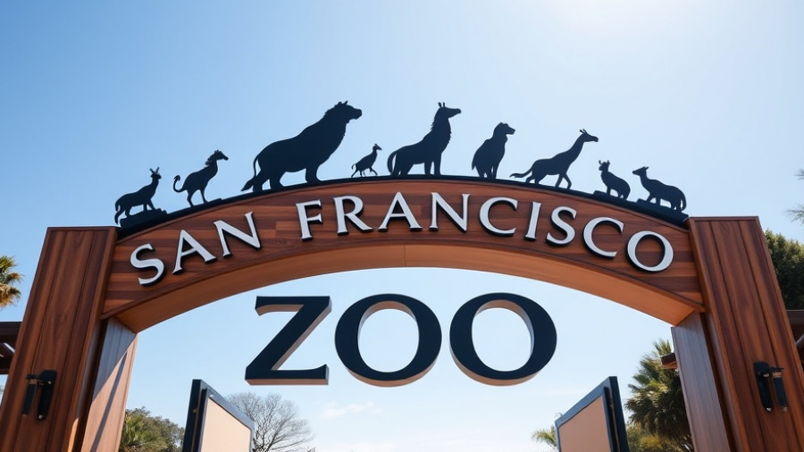 SF Zoo Free Admission Day sign with animals against blue sky.