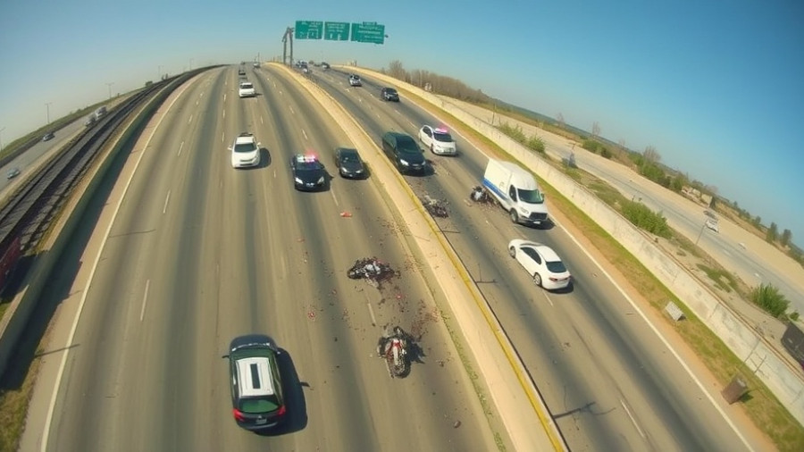 Highway scene of crash with police cars following motorcycle chase in SoCal.