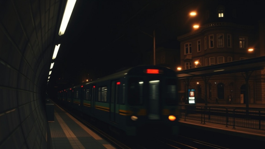 Istanbul subway emerging at night with cityscape.