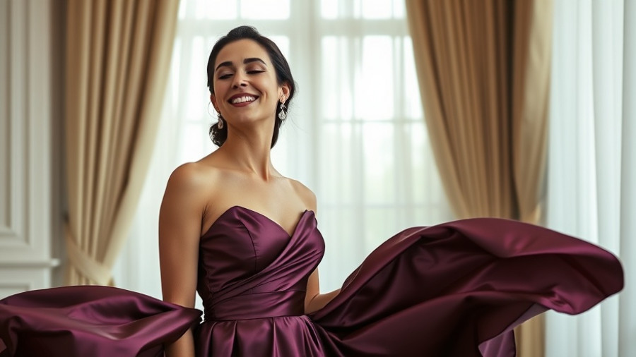 Elegant woman in plum satin dress embracing plum beauty trend.