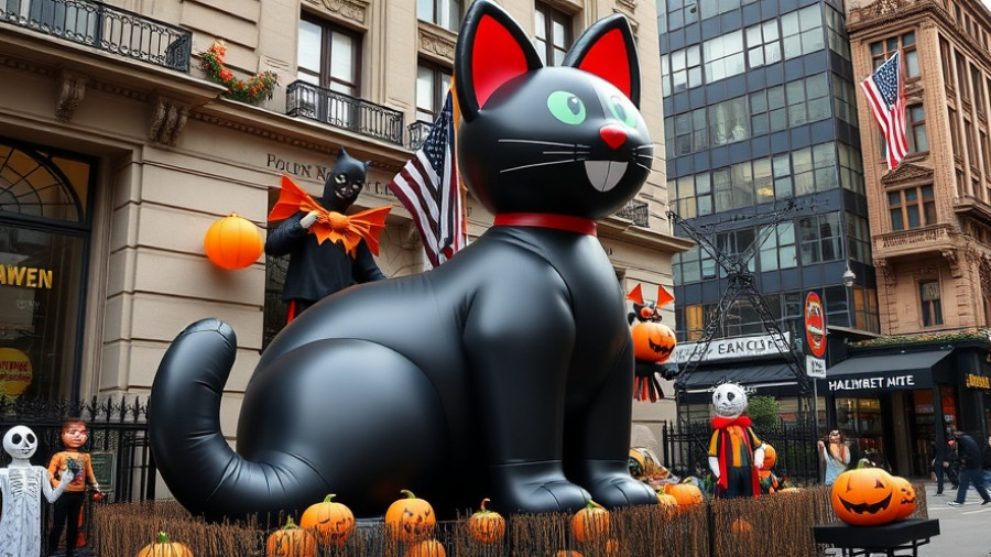 Halloween decoration in San Francisco with a large inflatable black cat.