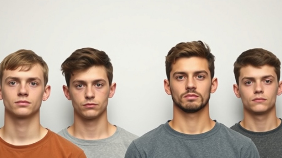 Lineup of four expressionless young men in a mugshot setting.