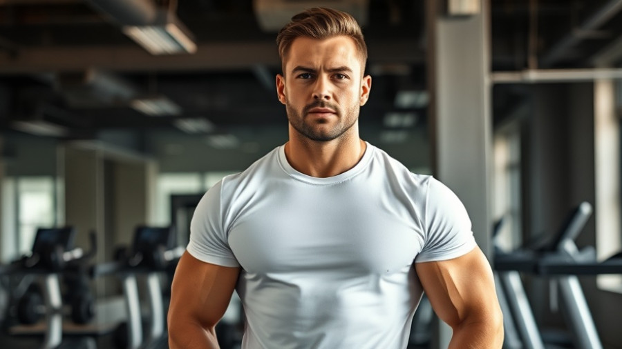 Muscular man in gym with confident look, gym equipment around.