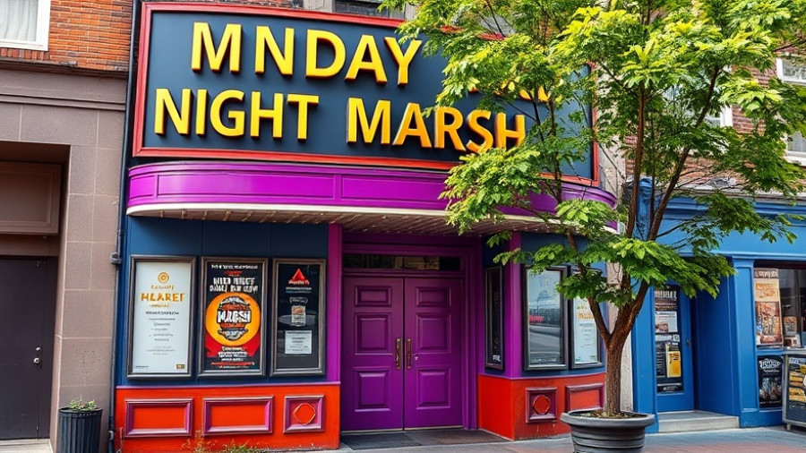 Colorful theater facade with 'Monday Night Marsh' storytelling text.