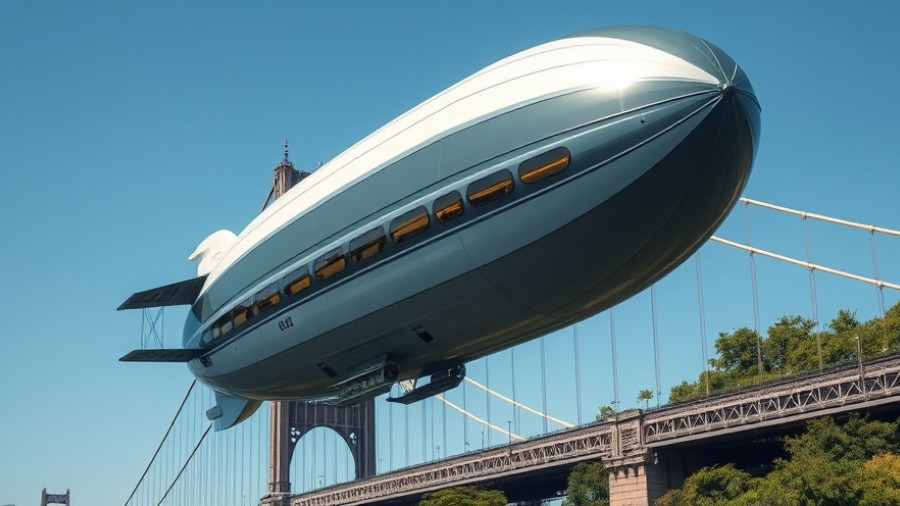 Pathfinder 1 airship flying over a famous bridge with a blue sky.