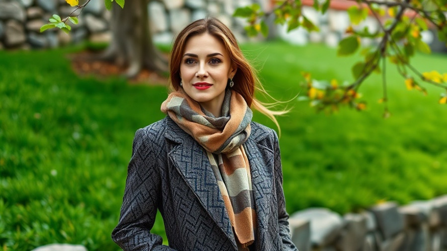 Transitional weather styling: woman in coat and scarf in scenic setting.