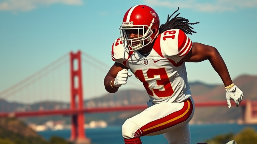 49ers trade Keion White announcement with player in Patriots uniform against San Francisco backdrop.