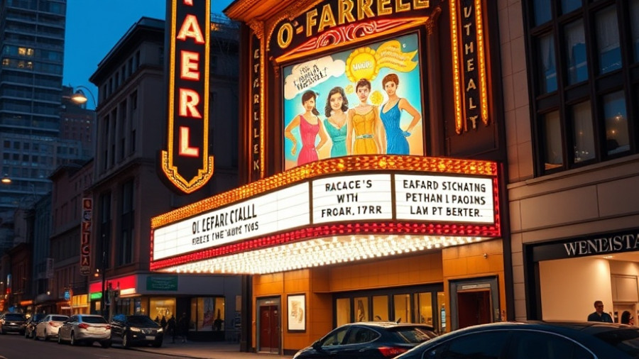 O'Farrell Theatre brightly lit marquee at night showcasing reopening.