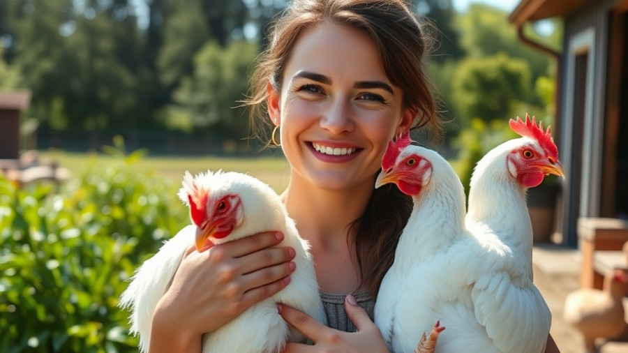 Zoe Rosenberg animal rights activist smiling with chickens.