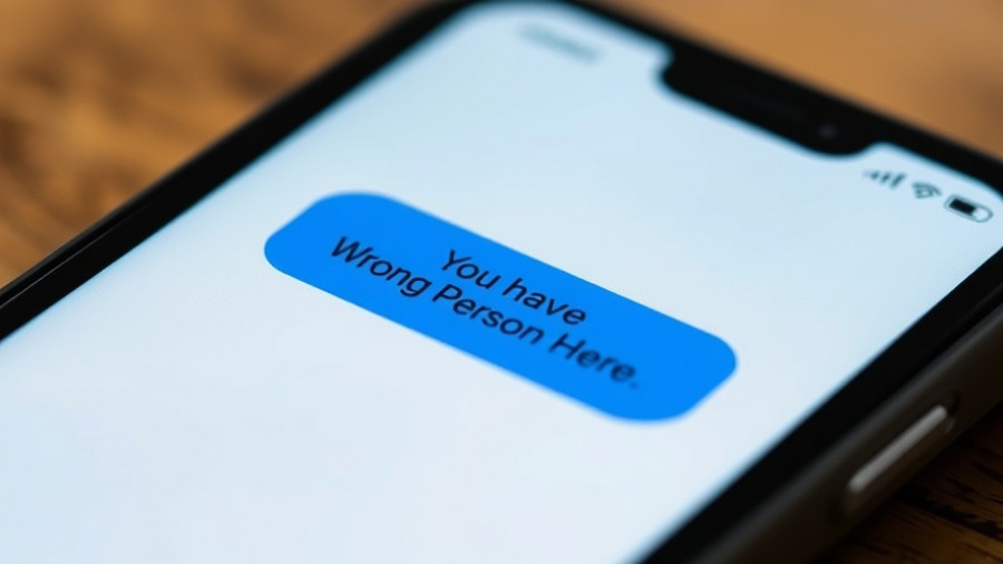 Close-up of phone displaying a wrong number text, scam warning.