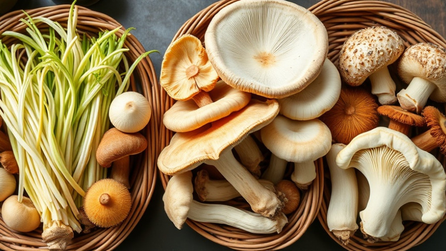 Assortment of Japanese mushrooms including enoki, shiitake, on wicker baskets.