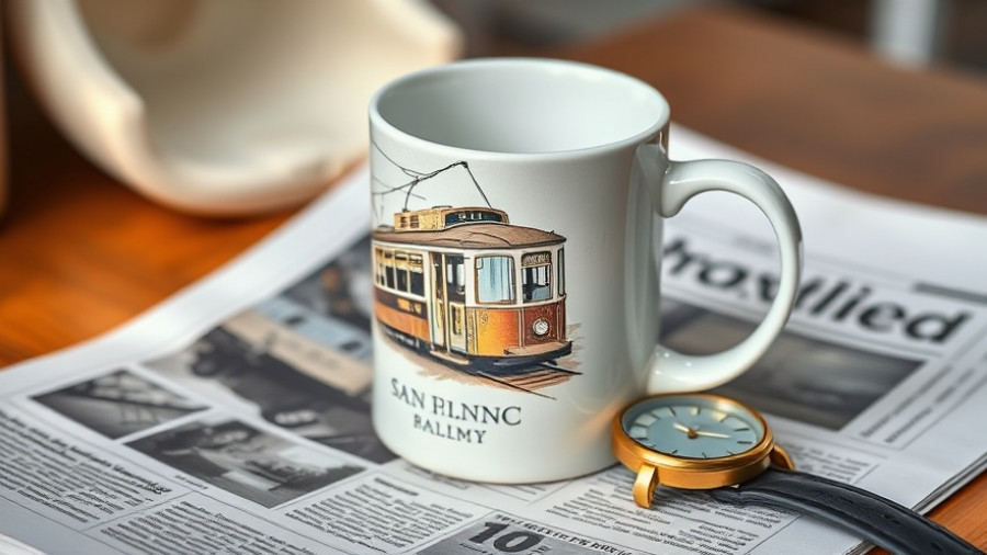 Vintage San Francisco tram mug on newspaper, highlighting Bay Area Transit Challenges.