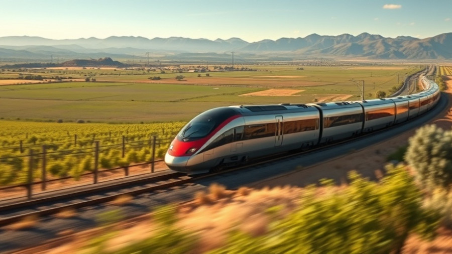 California high-speed rail train crossing landscape with vineyards.