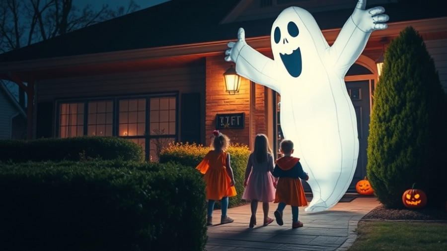 Halloween night with children trick-or-treating, focus on pedestrian safety.