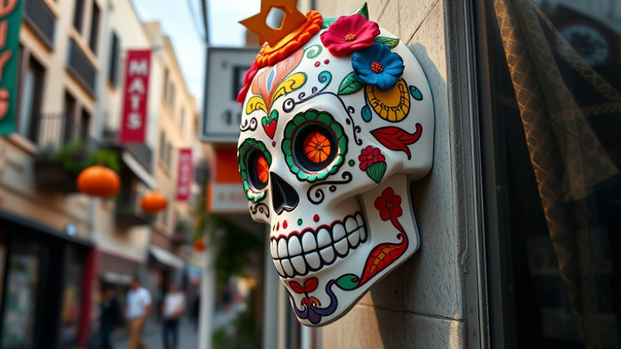 Colorful sugar skull decoration for SF Halloween street closures.
