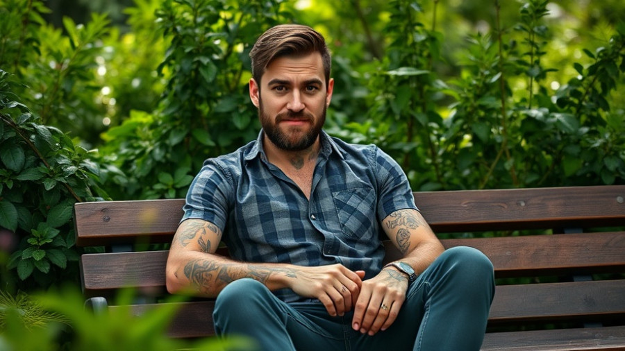 Man with tattoos sitting on bench with quirky expression, lush greenery background.