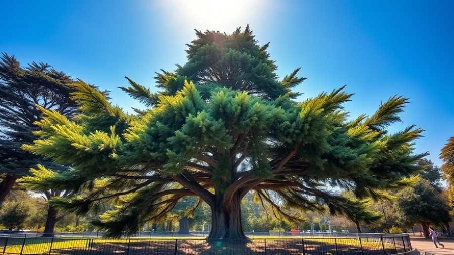 Golden Gate Park cypress tree marked for removal under clear sky.