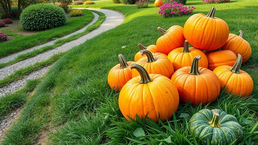 Vibrant pumpkins on grass beside path; Halloween road safety theme.