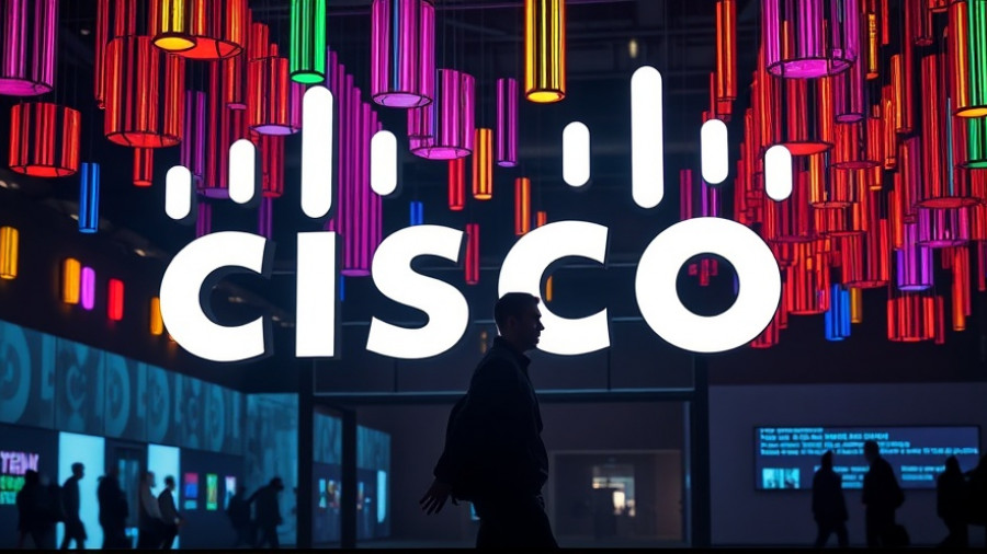 Cisco logo display with person silhouetted, tech exhibition