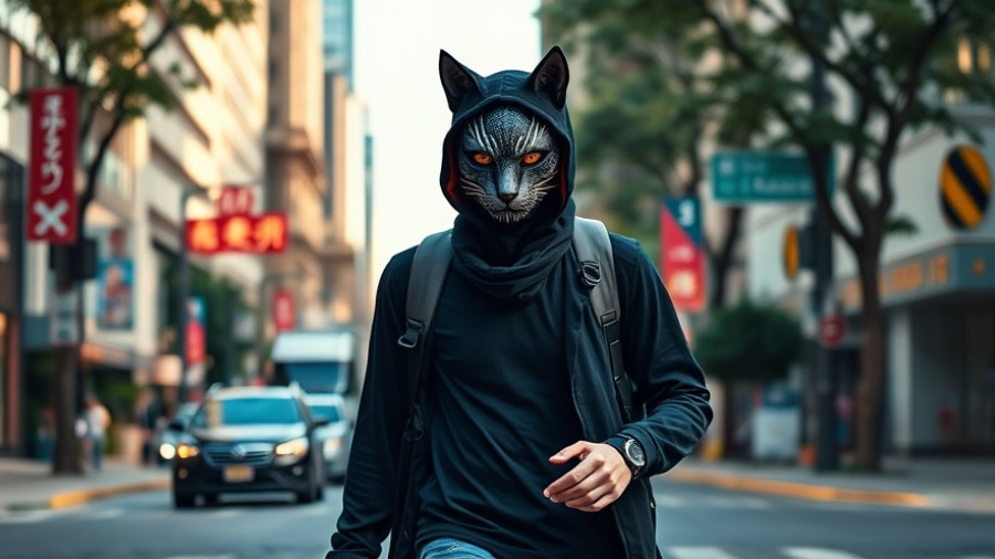 Person in cat mask walking down city street in daylight.