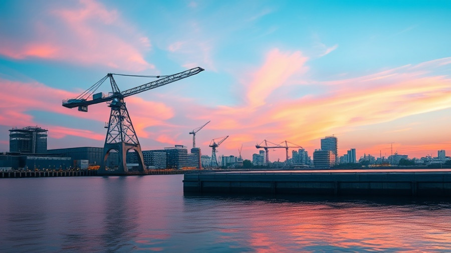 Hunters Point waterfront at sunset with crane and serene water, reflecting sky.