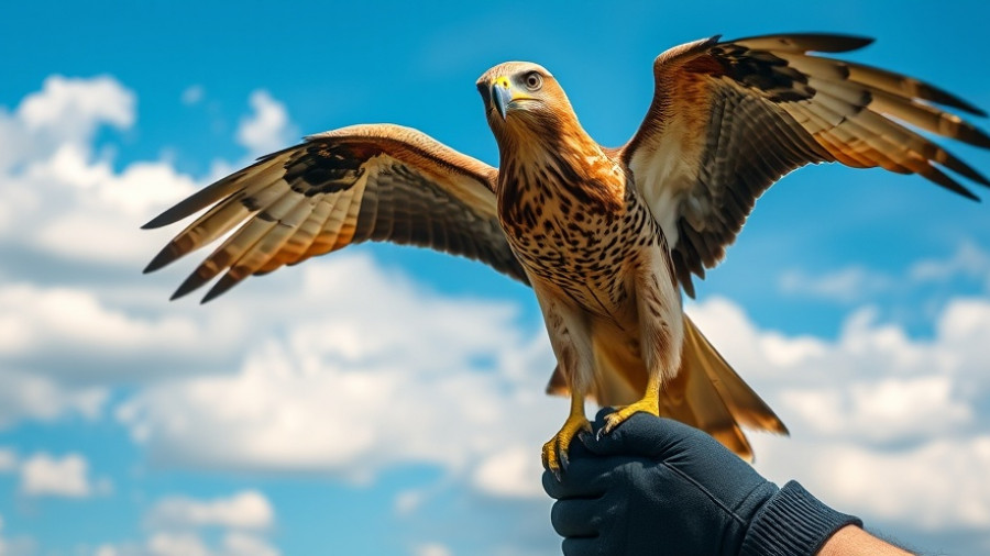 Majestic hawk perched, wings spread in bright sky.