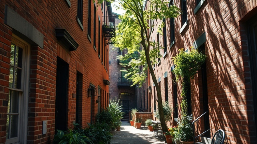 Quaint urban alley surrounded by brick buildings in sunlight.