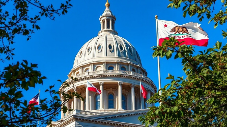 California State Capitol dome with flags and Prop 50 context