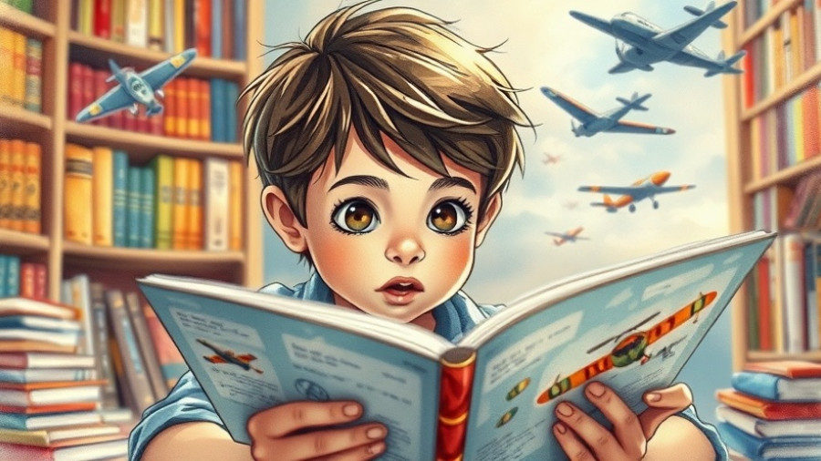 Illustration of a boy reading about planes, symbolizing censorship in kids' literature.