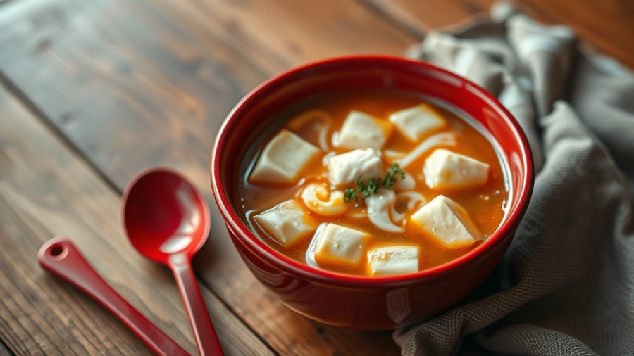 Warm Tofu Egg Drop Soup in a red bowl on rustic wooden table.