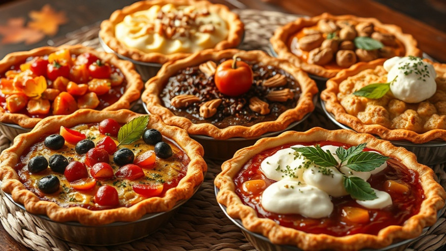 Artistic Thanksgiving pies displayed, showcasing diverse toppings.