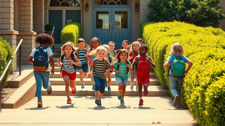 Children running towards school entrance highlighting Lakewood School District Walkability.