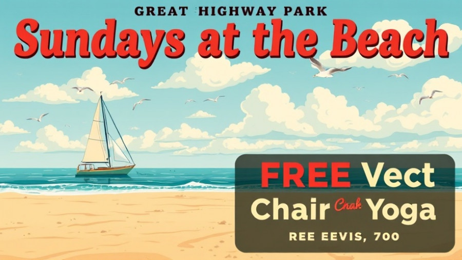 Free Chair Yoga San Francisco poster with beach scene promoting Sunday events.