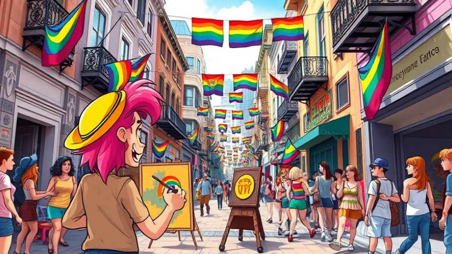 Vibrant cartoon artwork of Castro Art Mart with colorful buildings and flags.
