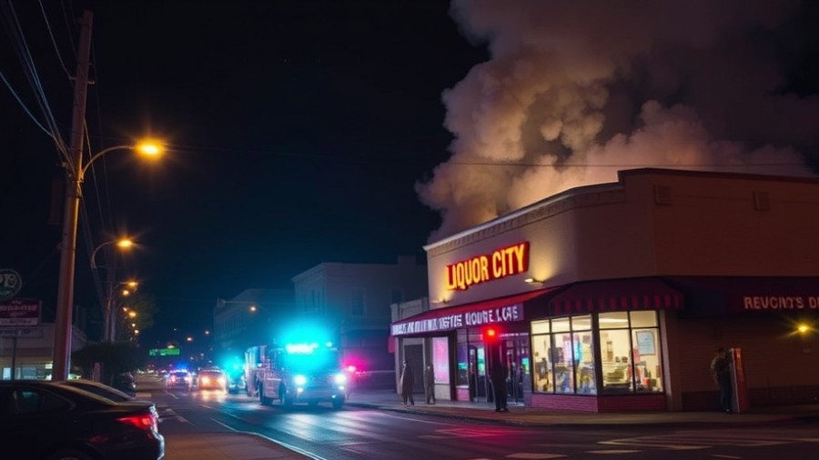 Redwood City Liquor Store Fire with smoke and emergency response at night.