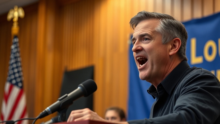 Passionate speech on California Prop 50 redistricting with blue banner backdrop.