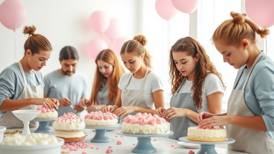 Young adults in dessert class, focused on cake decoration, San Francisco.