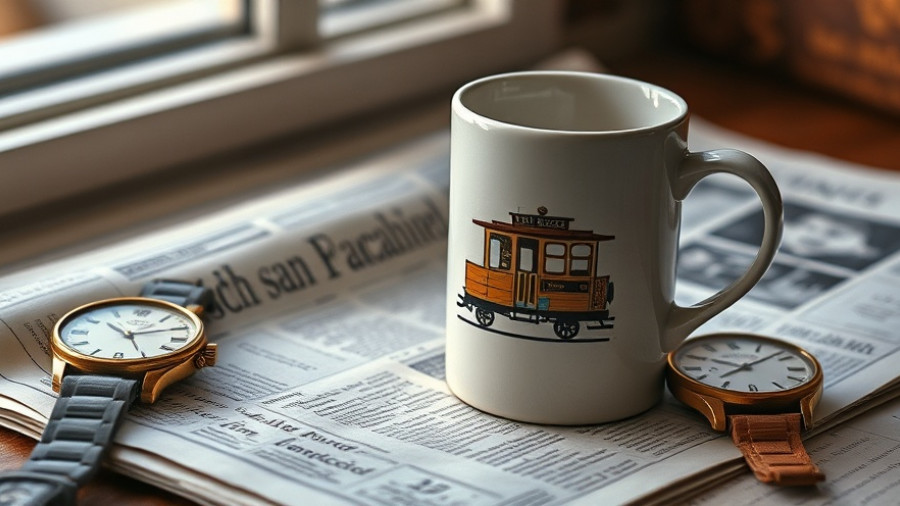 Rustic San Francisco mug on newspaper with vintage watch, Bay Area Transit Funding