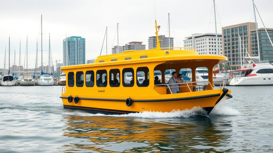 Alameda Water Shuttle boat in marina under cloudy sky.
