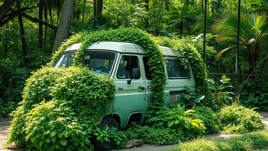 Overgrown van in jungle setting symbolizes Life After Cars.