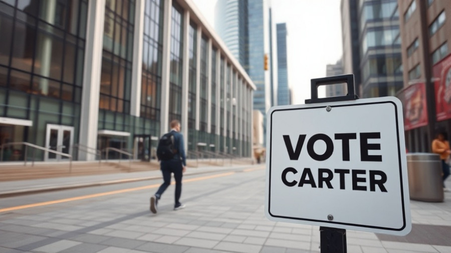 Vote center sign near modern museum highlights California Proposition 50 redistricting.