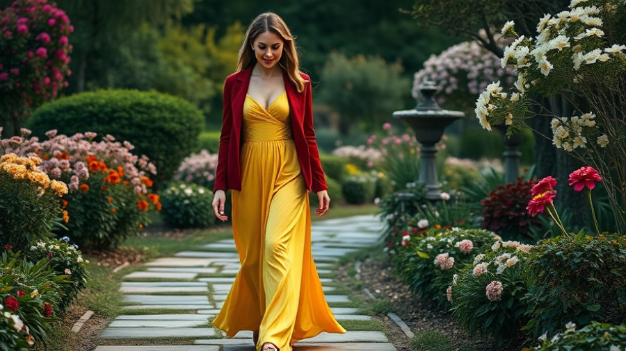 Woman in silk gown and red jacket showcasing mixed materials fashion trends.
