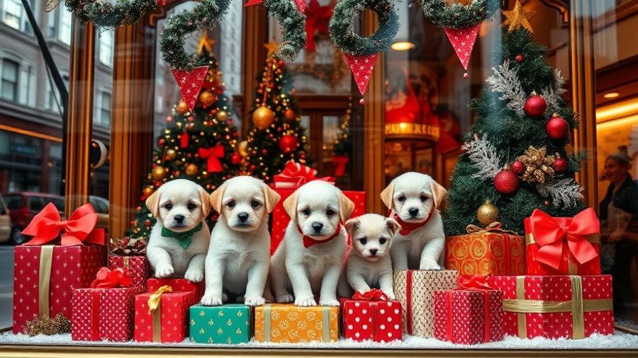 2025 Macy's Holiday Windows display with festive puppies and kittens.